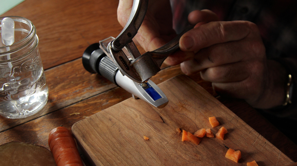 Squeezing Carrot Juice into Refractometer